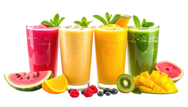 Row of colorful fruit smoothies, topped with mint, fruit slices
