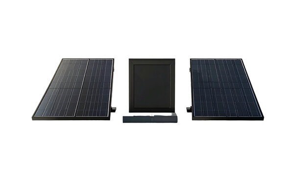 Three solar panels arranged center, left, and right