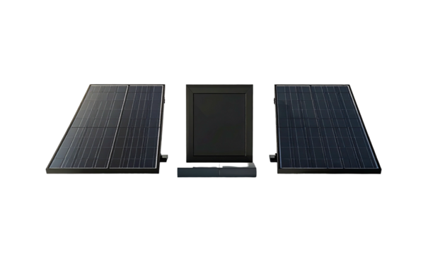 Three solar panels arranged center, left, and right