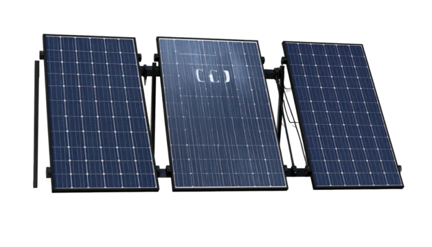 Three blue solar panels angled against a dark background