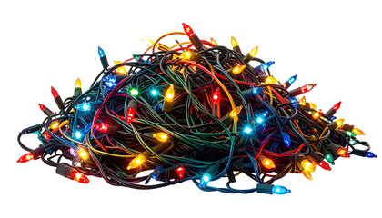 Tangled pile of colorful, glowing Christmas string lights