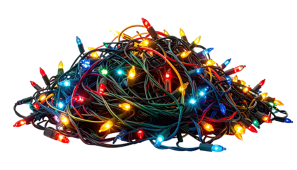 Tangled pile of colorful, glowing Christmas string lights