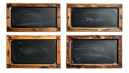 Four blank slate chalkboards set in wooden frames, grid arranged
