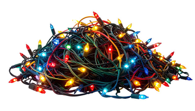 Tangled pile of colorful, glowing Christmas string lights