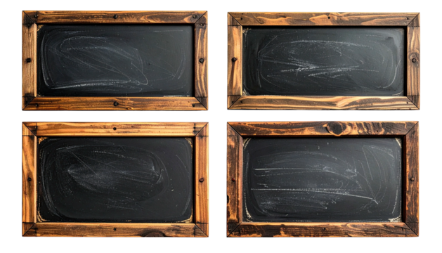 Four blank slate chalkboards set in wooden frames, grid arranged