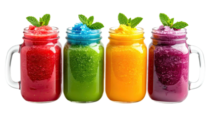 Row of colorful, chilled, layered fruit smoothies in mason jars