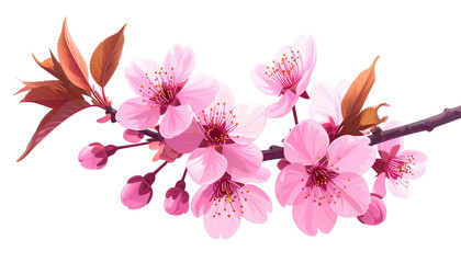 Blooming cherry branch with pink blossoms and brown leaves