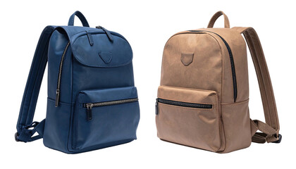 Two backpacks, blue and tan, against a black backdrop