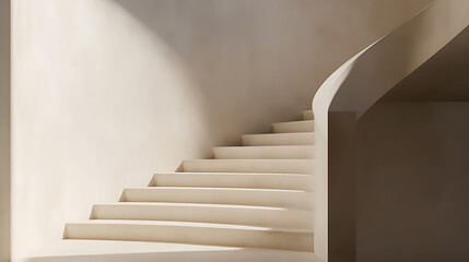 Fototapeta premium Ivory staircase leading upwards, bathed in soft, natural light, casting subtle shadows on the surrounding walls. A serene, minimalist design evoking a sense of calm and ascension.