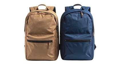 Two backpacks, tan and blue, posed side-by-side on black