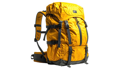 Mustard yellow hiking backpack with gray straps isolated on black