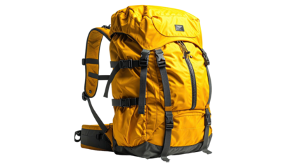 Mustard yellow hiking backpack with gray straps isolated on black