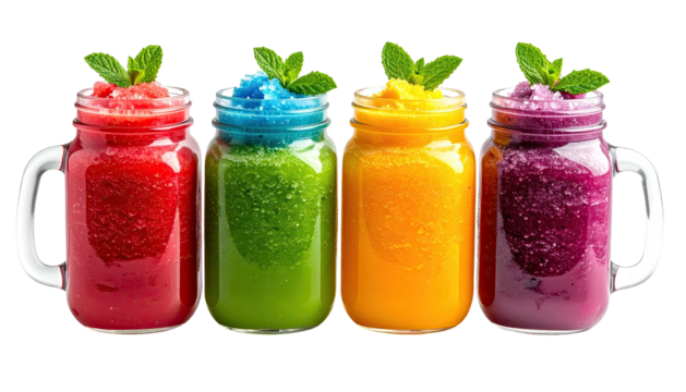Row of colorful, chilled, layered fruit smoothies in mason jars