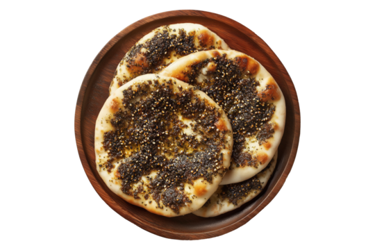 Manakish freshly baked round Turkish flatbread with za'atar, cheese or minced meat on wooden plate isolated on white transparent background, concept of traditional cuisine