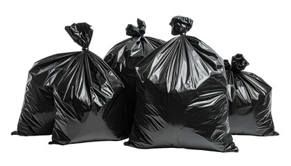 Group of five glossy black tied plastic garbage bags