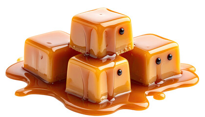 Stacked, melting caramel squares with tiny dots, isolated