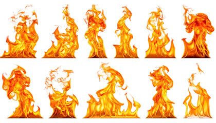 Eleven flame sprites isolated on black background, looping animation