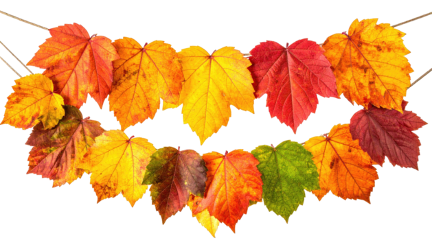 Autumn leaves strung on cord, colorful garland