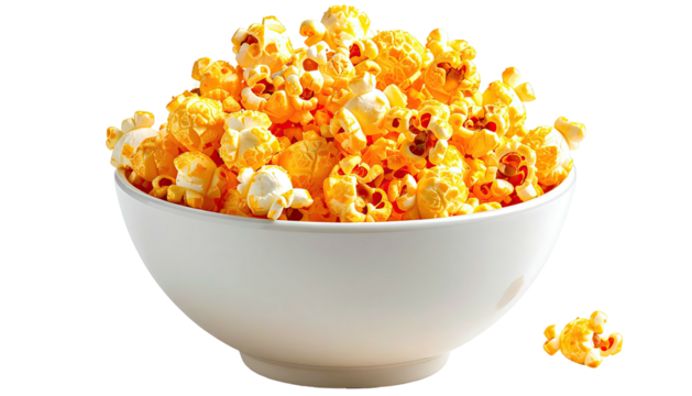 Bowl overflowing with bright orange, fluffy popcorn