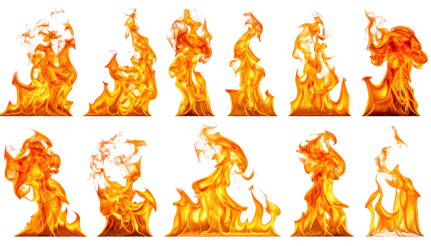 Eleven flame sprites isolated on black background, looping animation