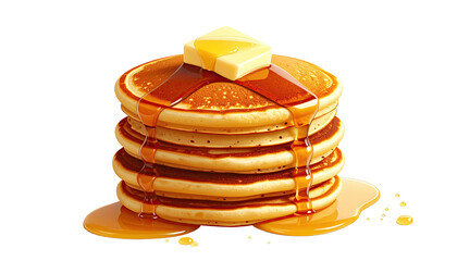 Stacked pancakes dripping syrup, topped with melting butter