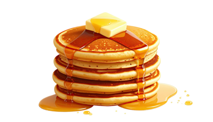 Stacked pancakes dripping syrup, topped with melting butter