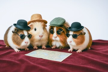 Guinea pigs wearing hats and sunglasses looking at map on red fabric