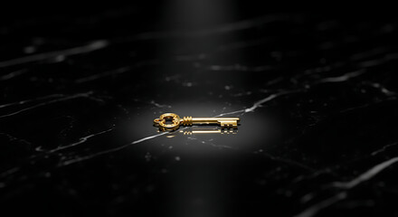 Golden antique key illuminated on elegant black marble surface