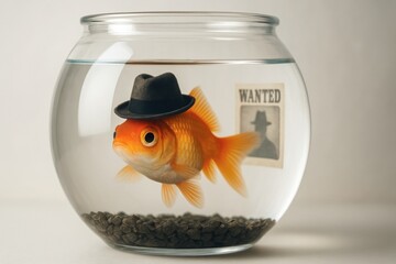 Goldfish wearing hat in fishbowl with wanted poster creative concept