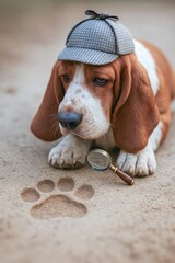 Basset hound puppy wearing detective hat examining paw print with magnifying glass