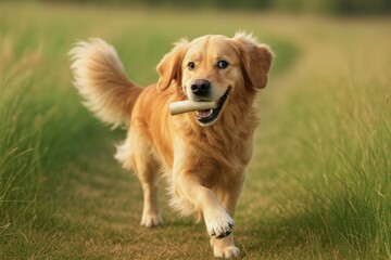 Golden retriever dog running outdoors with a stick in its mouth