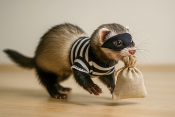 Ferret dressed as a burglar carrying a small sack indoors