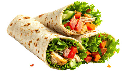 Three wraps filled with meat, lettuce, tomato, and cucumber