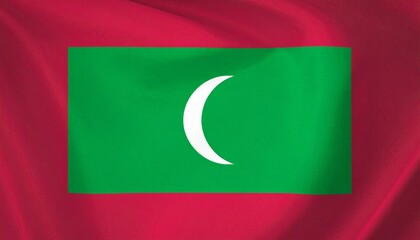 National flag of the Maldives with a red field, central green rectangle, and white crescent symbolizing Islam, peace, and national sacrifice.