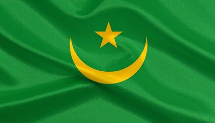 National flag of Mauritania with a green field, gold crescent, and five-pointed star symbolizing Islam, Sahara heritage, and national identity.
