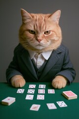 Cat dressed in suit playing cards at green table with serious expression