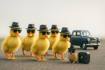 Ducklings wearing sunglasses and hats standing on road with vintage car and suitcase
