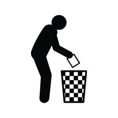 Silhouette icon of a man throwing trash into a bin, symbol of cleanliness and waste management, vector with transparent background