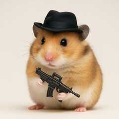 Hamster wearing black hat holding toy gun on neutral background