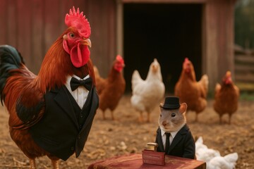 Rooster and mouse dressed in suits on farm with chickens in background