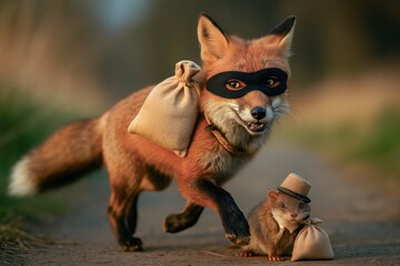Fox wearing mask and carrying sack with mouse in hat and sack on path