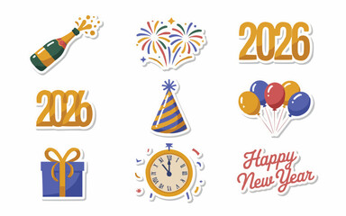 Celebrate exciting New Year's Eve 2026 with festive champagne pop, fireworks, balloons, party hat, gift, and clock, creating joyful holiday memories.