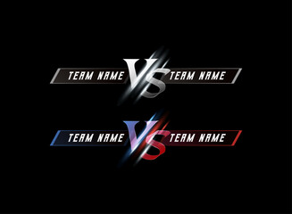 Versus team bar UI design with metallic VS typography and glowing blue red light accents on dark background for game or tournament intro.