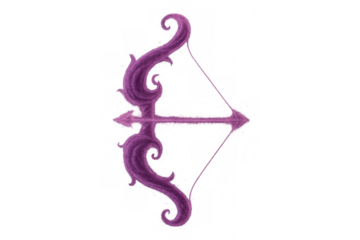 Fantasy bow and arrow weapon. Magic purple archery equipment with ornate design on transparent background