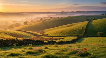 Rolling green hills in the early morning sunlight, with wisps of fog and stone walls