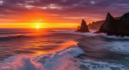 Fiery sunset over a vast ocean, waves crashing near jagged coastal rock formations
