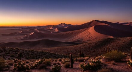 Desert landscape at sunset, showcasing vast sand dunes, cacti, and a gradient sky