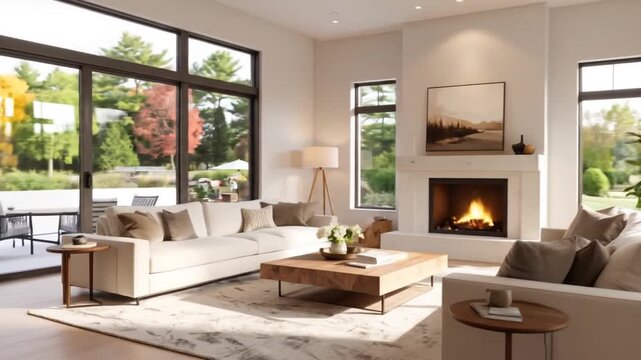 A cozy modern living room, featuring couches, fireplace, large windows and a view to the garden