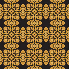 Vector seamless pattern of baroque and oriental golden scrolls on a black background