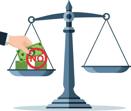 Anti corruption vector poster, justice balance, no bribery, clean society concept, flat minimal design